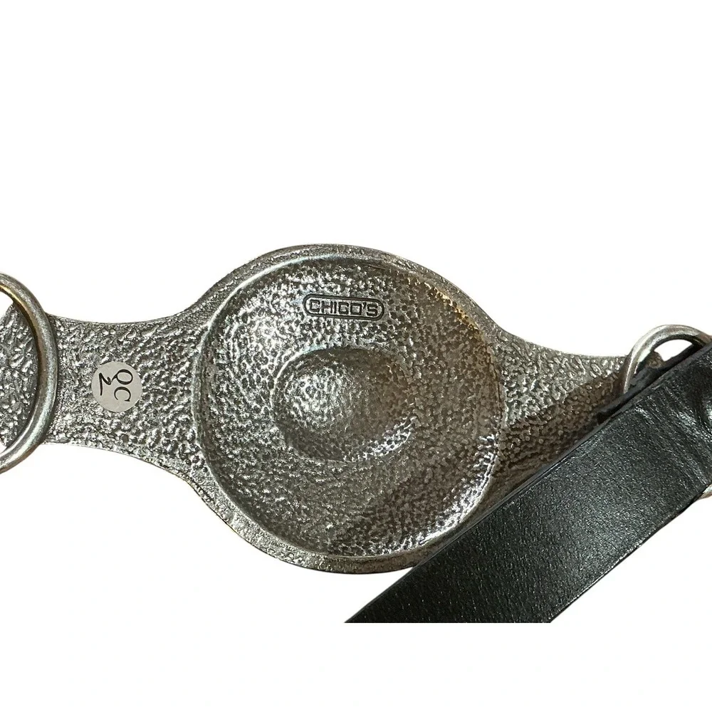 Chico's Blk Leather Adjustable Belt Lg Statement Silver & Gold Tone Hook Buckle